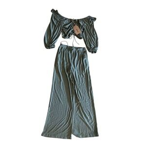 Listicle Olive Green Ruffle Two-Piece Set | Crop Top & Wide Leg Pants SZ‎ SMants